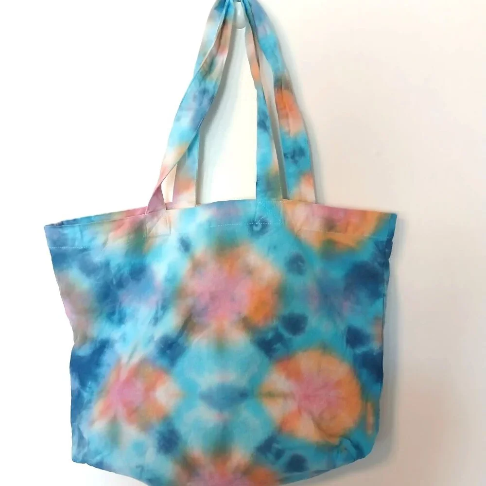 Tie Dye Tote Bag Cotton Reusable Grocery Bag With Blue Pink Orange Handmade - Picture 8 of 16